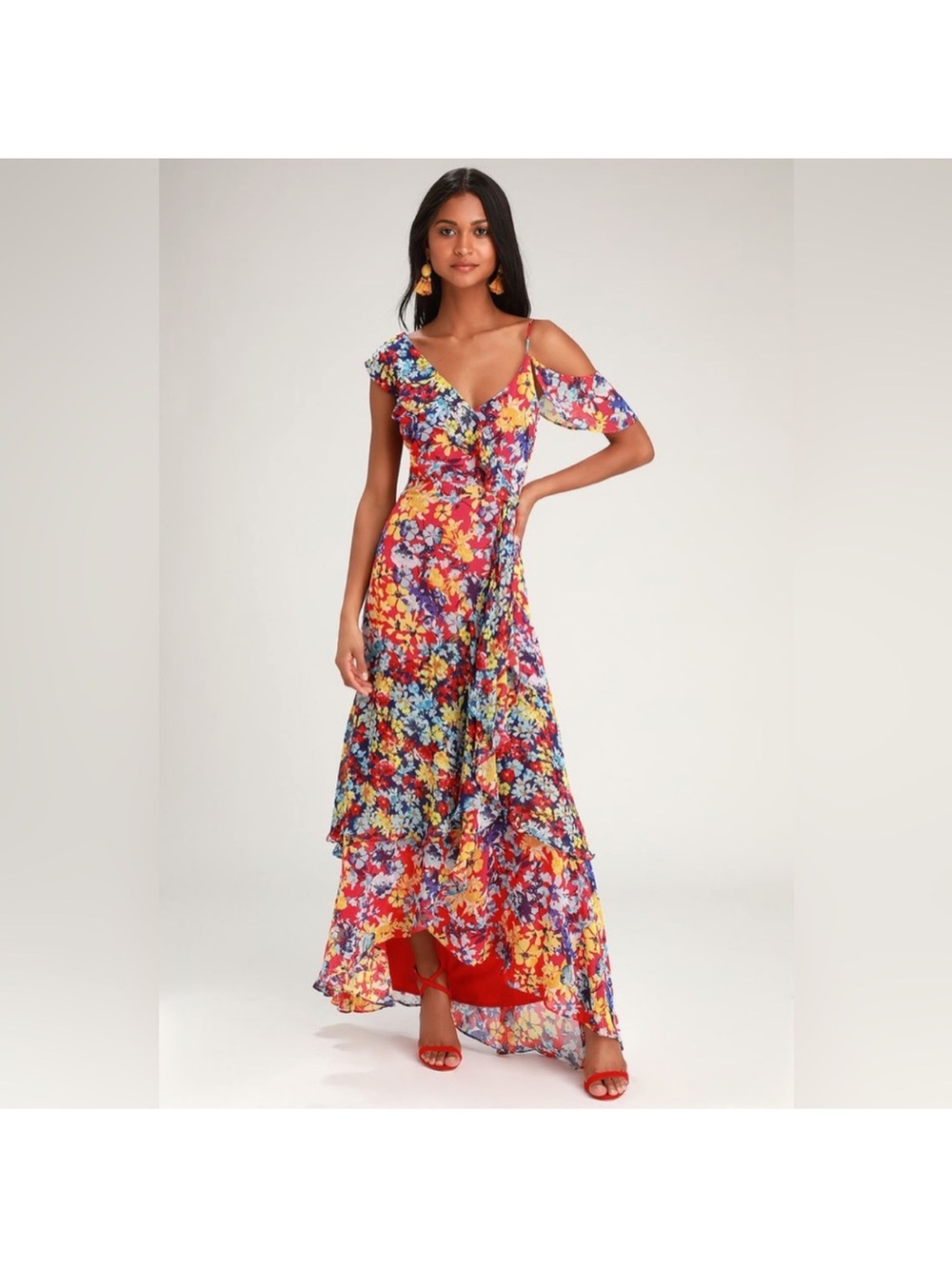 Lulu's Red Floral Wrap Dress with Yellow & Blue Blooms - Picture 2 of 8
